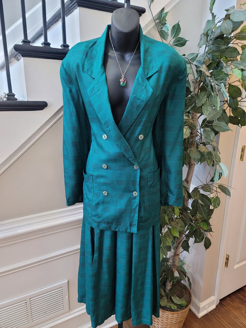 Vintage Silk Club Skirt Suit Medium Teal Green Houndstooth Plaid  Blazer